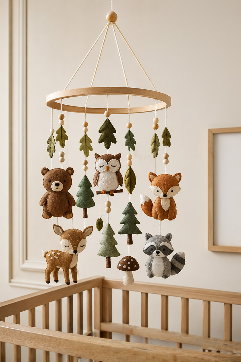 DIY woodland crib mobile with felt forest animals and neutral nursery colors