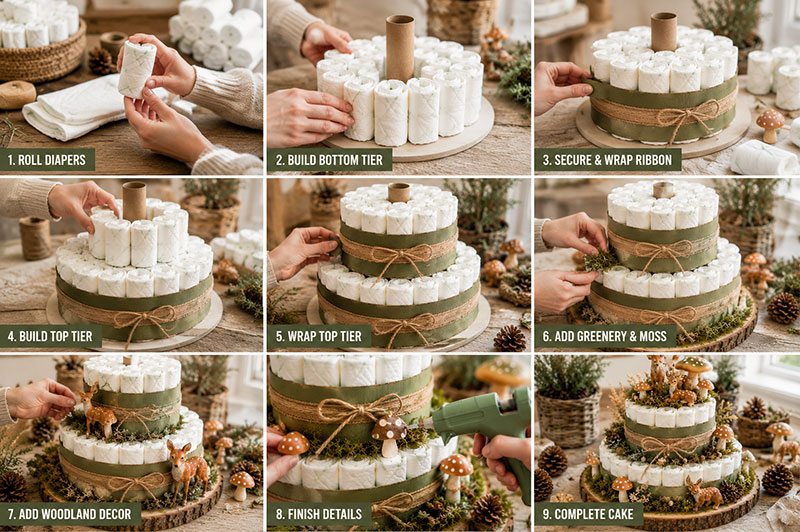 DIY woodland diaper cake assembly with layered diaper tiers and neutral woodland styling