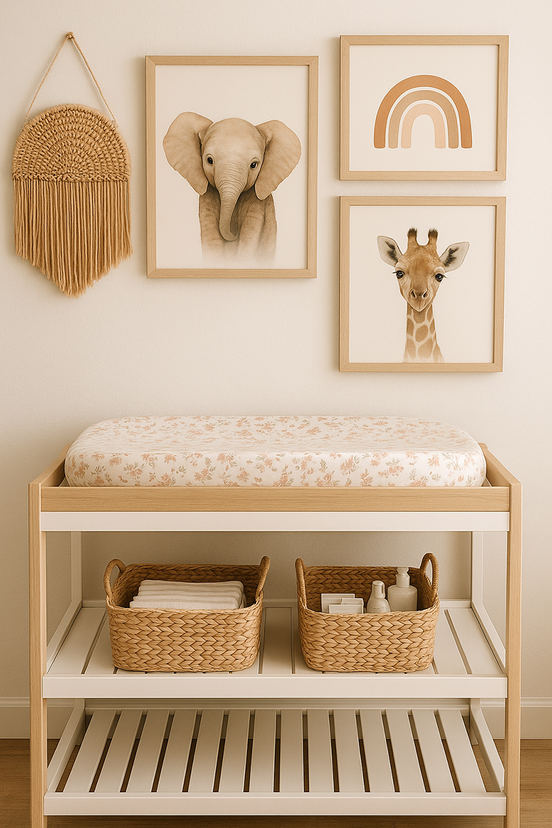 Nursery changing table setup with baskets and organized baby supplies