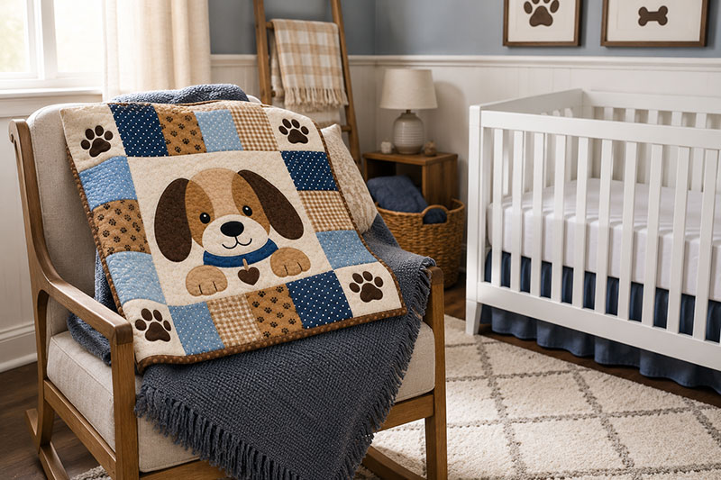 dog baby quilt displayed over a nursery chair with a safe empty crib nearby