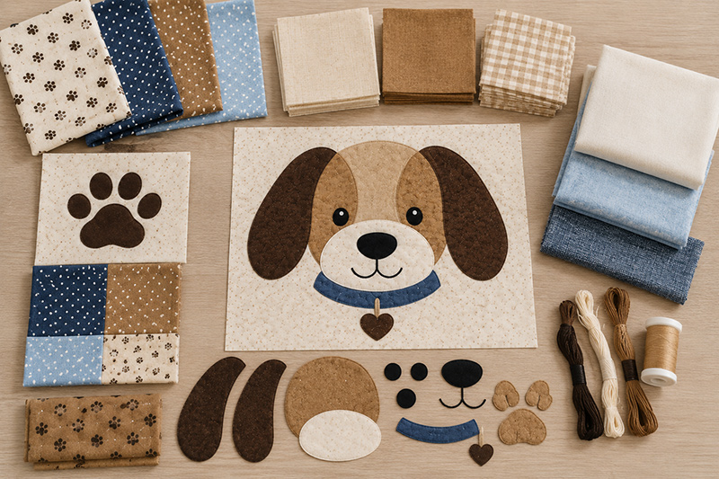 dog quilt fabric pieces with puppy face applique shapes and neutral crib quilt squares
