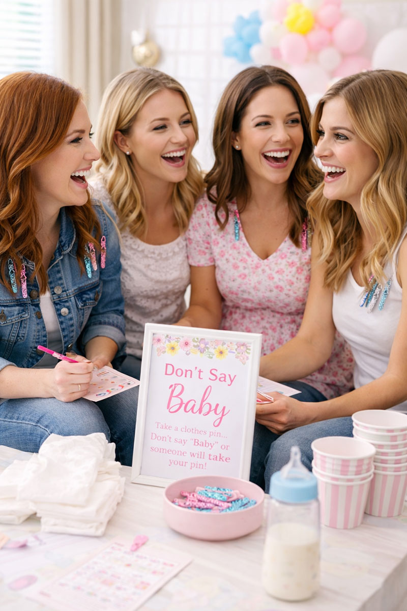 Guests playing don’t say baby with clothespins at a baby shower