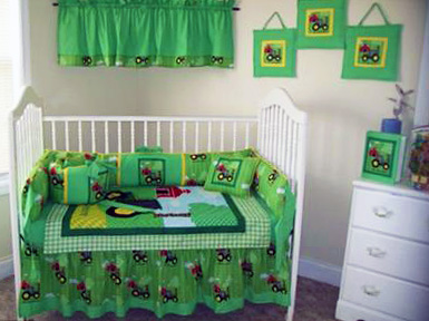 Homemade custom Down on the Farm John Deere crib bedding set in green yellow for a boy or girl