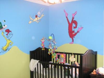 Dr Seuss Theme Baby Nursery Wall Mural featuring Characters, Fox in Sox, Green Eggs and Ham and More!