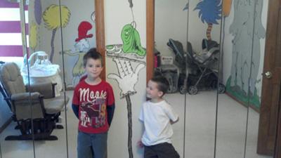 My baby boy's Dr Seuss theme nursery room with Lorax trees, Horton Hears a Who, I Am Sam, Cat in the Hat and Green Eggs and Ham