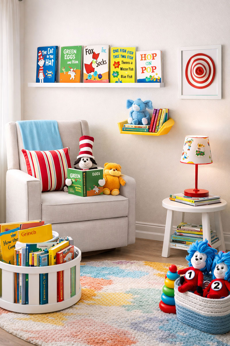 Dr Seuss nursery reading corner with framed book art and coordinated decor