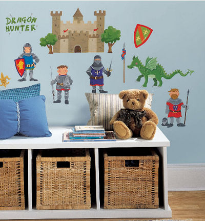 Baby dragon nursery theme wall decals, stickers and decorations with medieval castles and knights in armor