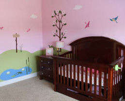 Pink dragonfly baby girl nursery ideas with frogs birds and a personalized name sign on the wall