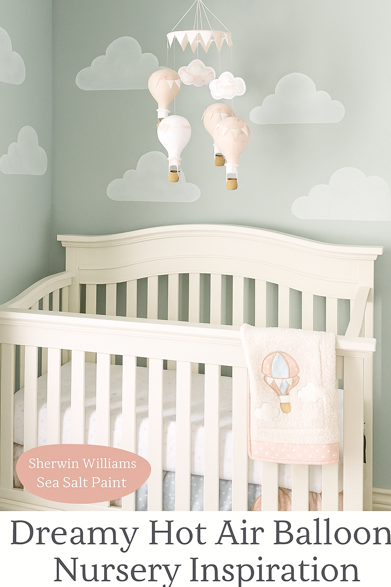 dreamy hot air balloon baby girl nursery painted in Sherwin Williams Sea Salt with cloud mural and blush pink crib bedding