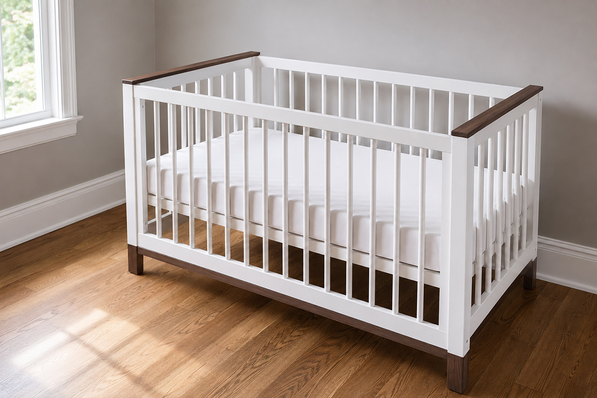 Current fixed-side crib with stationary rails and an adjustable mattress support as a drop side crib alternative