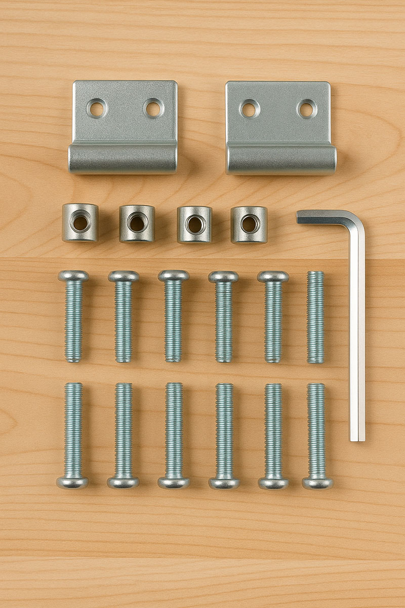 Drop-side crib conversion kit hardware including sturdy metal brackets, screws, and bolts on a white background