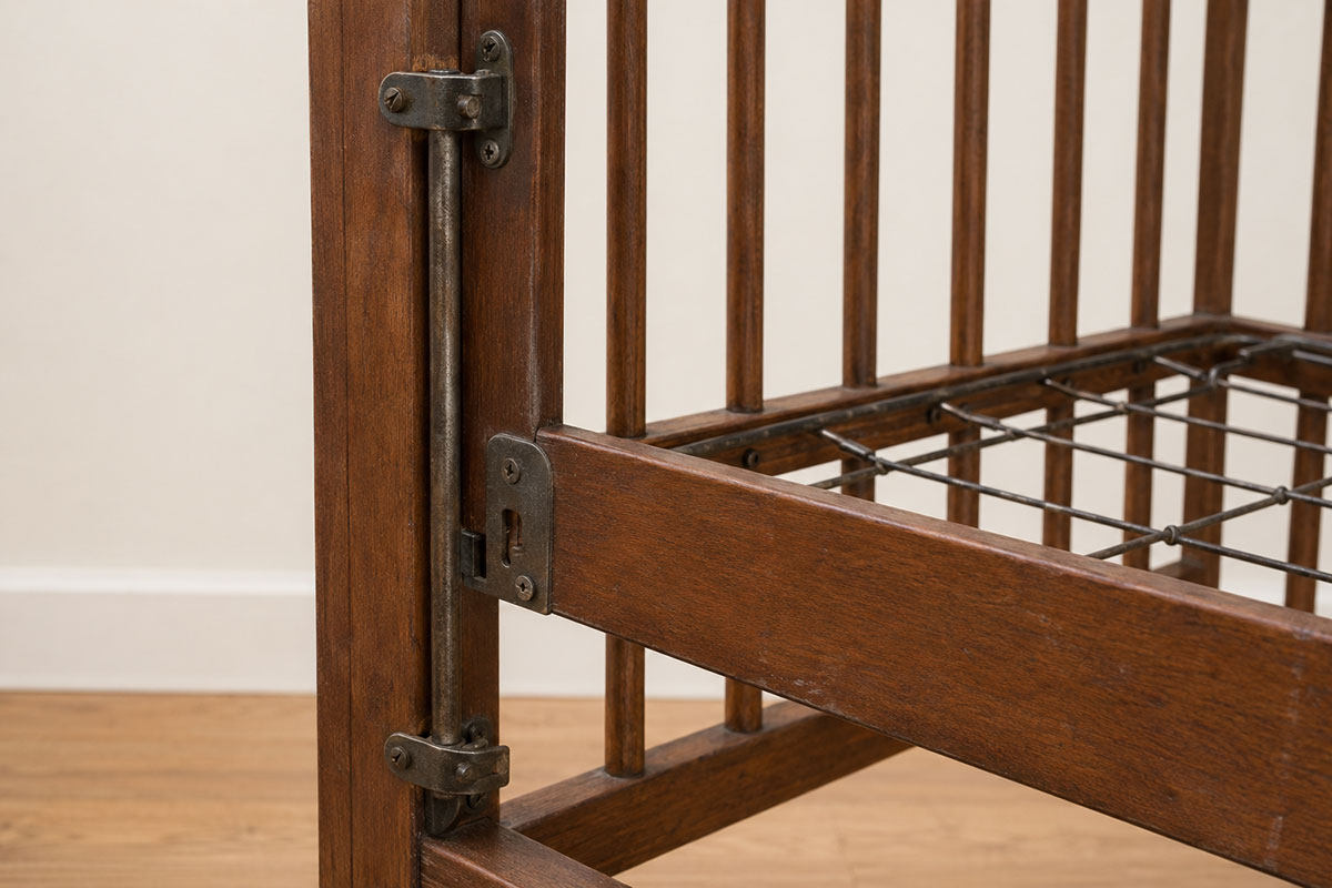 Close side view of an old drop-side crib rail, guide rod and track areas shown for identification only