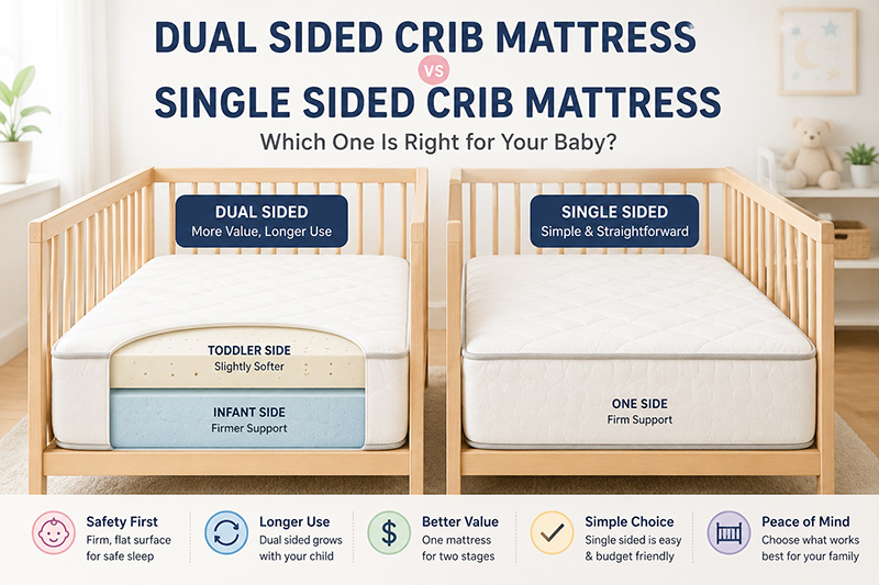 Dual sided crib mattress vs single sided crib mattress comparison showing infant and toddler sleep surfaces
