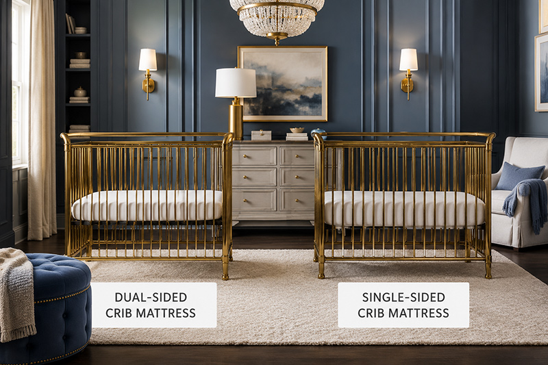 Dual sided crib mattress vs single sided crib mattress comparison in a modern nursery