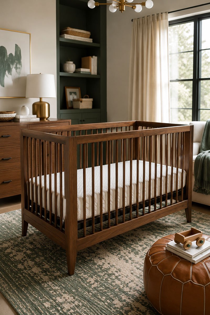 Dual stage crib mattress inside a walnut crib in a modern nursery room