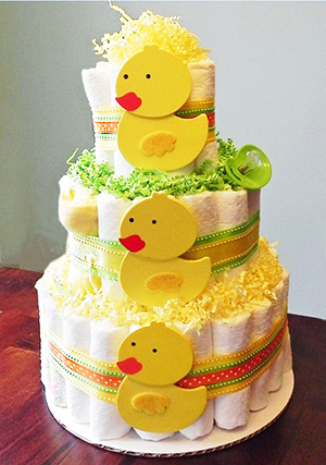 DIY yellow rubber duck ducky baby shower diaper cake centerpiece idea