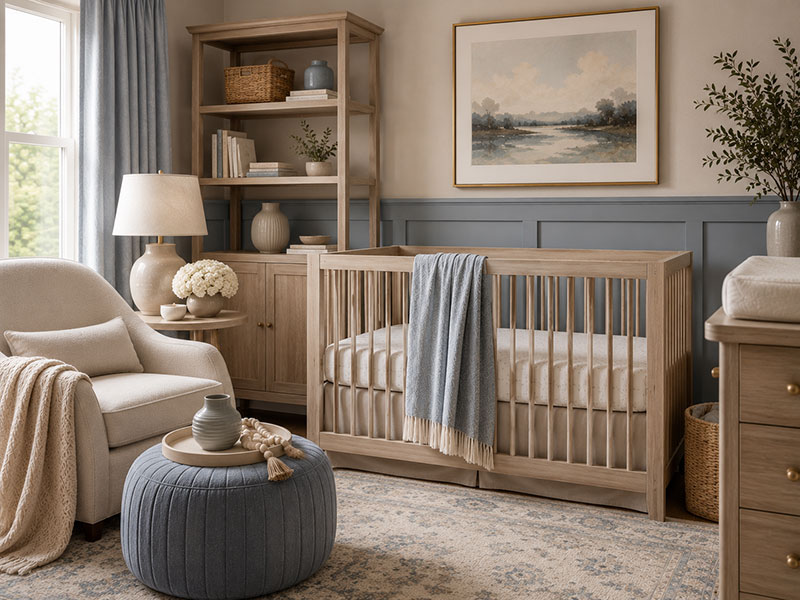 Dusty blue and oatmeal nursery color palette with fabric layers, muted paint samples, and warm nursery materials