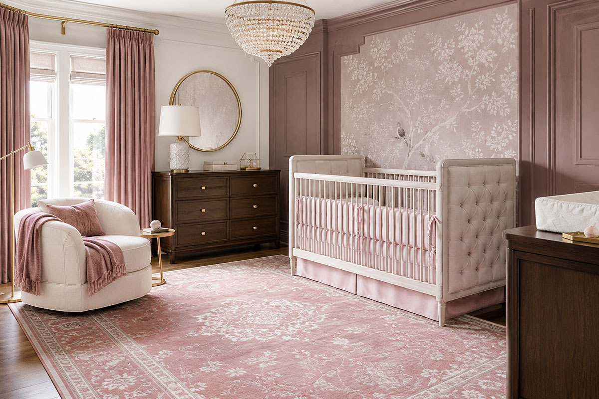 Dusty rose nursery rug with restrained blush accents, dark wood flooring and elegant white furniture