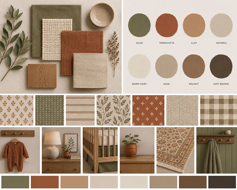 Earth tone nursery palette board with terracotta, clay, olive, oatmeal, walnut, and natural nursery materials