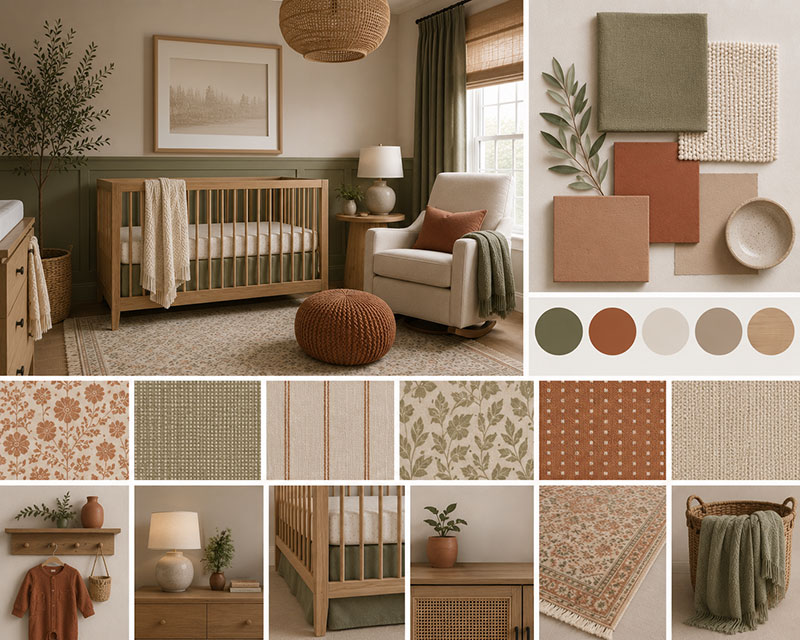 Earth-toned baby nursery with terracotta, olive, oatmeal, clay, and warm wood furniture