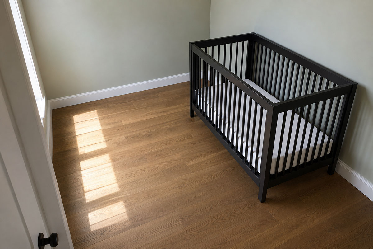 Current fixed-side crib with clear floor space beside the stationary rail for easier adult access