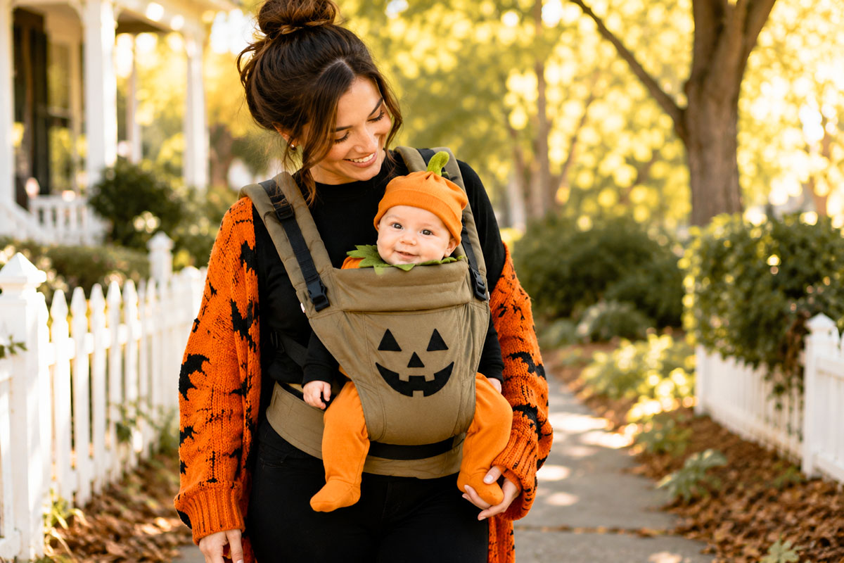 Parent in an orange and black Halloween outfit carrying a baby in a pumpkin hat in a jack-o'-lantern decorated front baby carrier