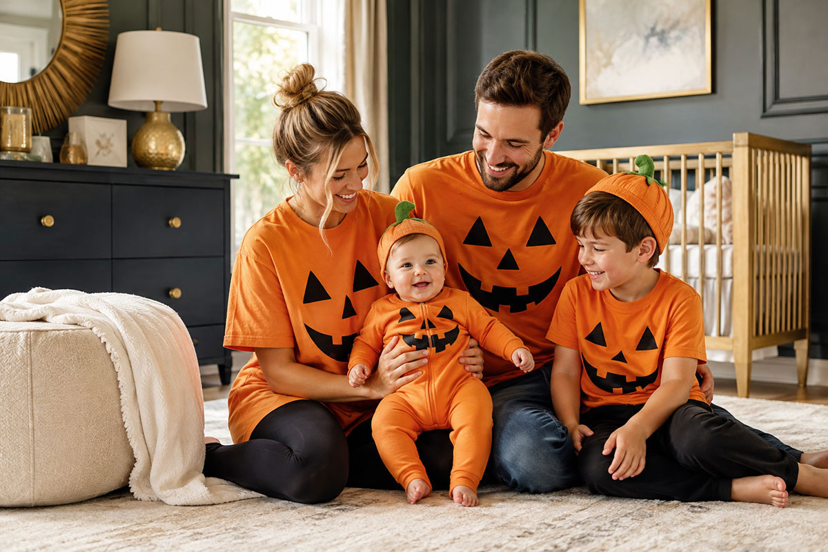 Family wearing easy coordinated Halloween costumes with parents and an older child dressed in black witch costumes and the baby dressed as a pumpkin