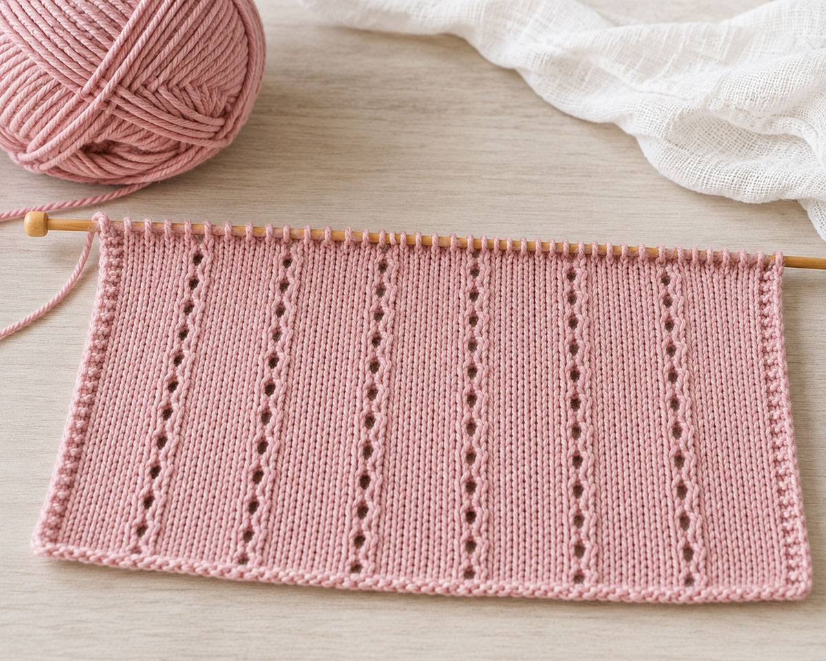 Easy knit baby blanket in progress on a circular needle with repeating eyelet sections and knitted side edges
