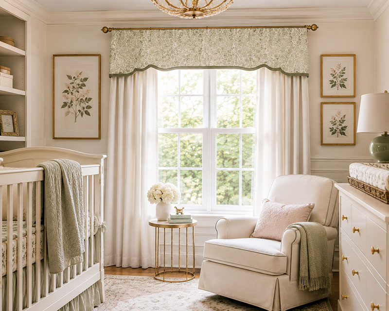 Simple nursery valance installation above curtains