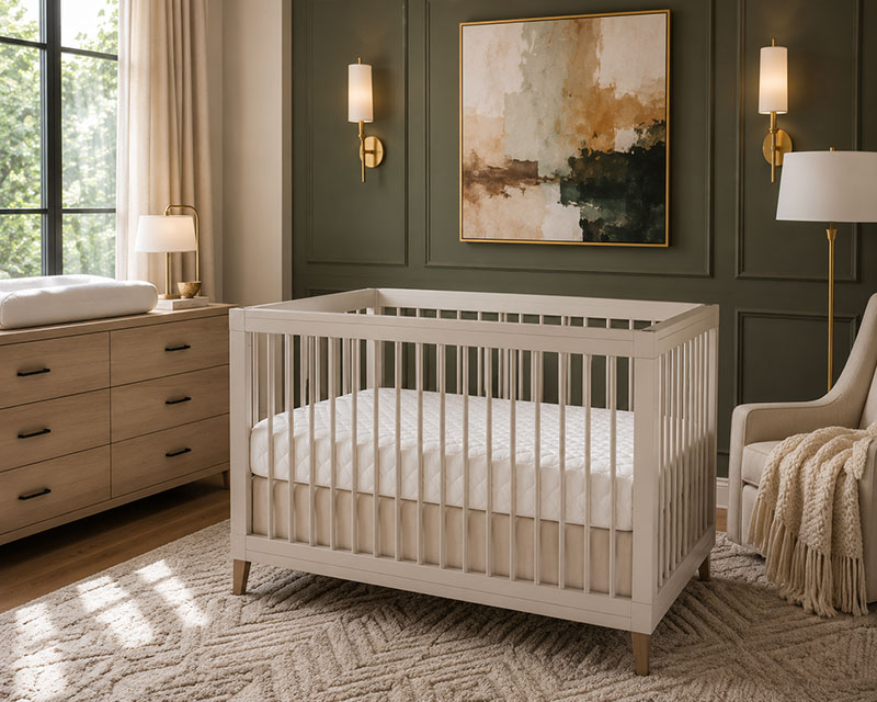 Editorial nursery with modern crib mattress and ventilated sleep setup