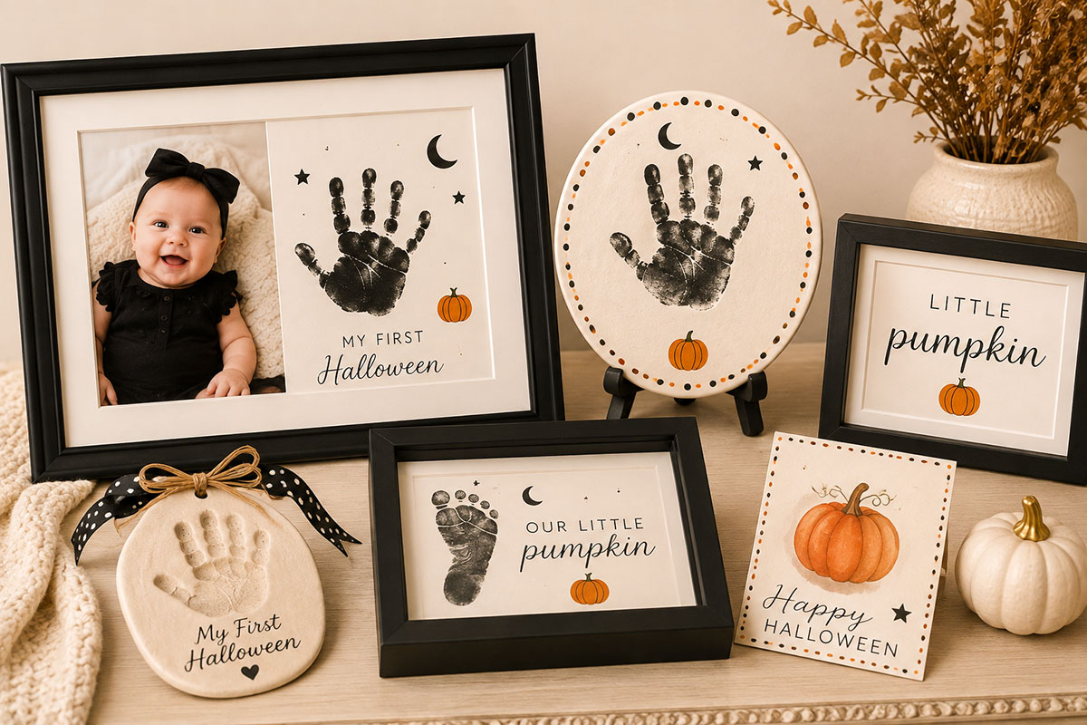 Elegant baby Halloween keepsakes with framed handprint art, a clay impression plaque, baby footprint art and a first Halloween photograph