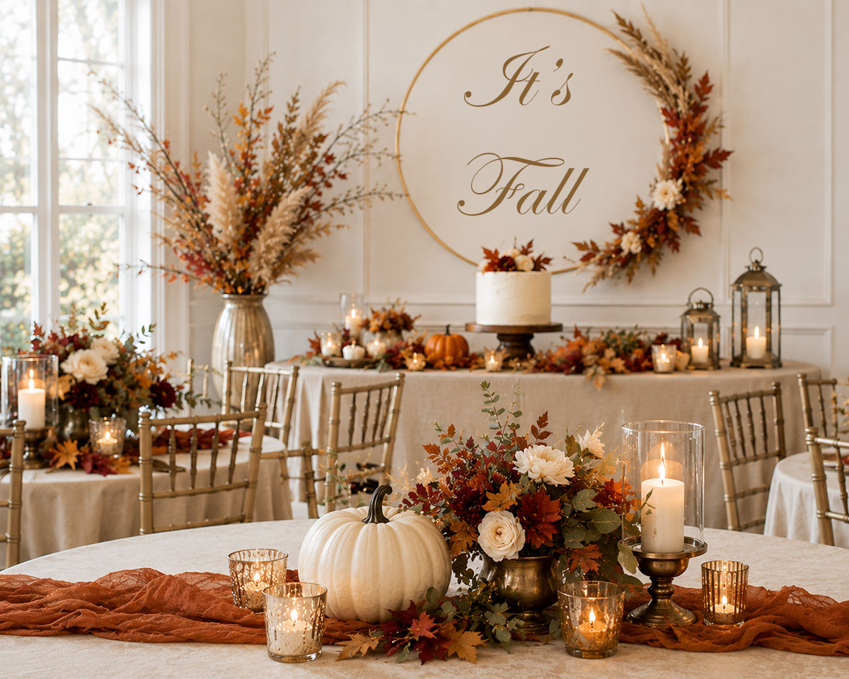 Elegant fall baby shower decorations with white pumpkins, berry accents, copper details and crisp table linens