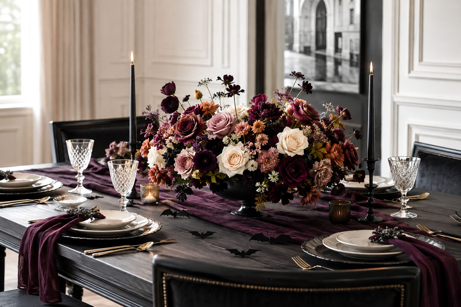 Elegant Halloween floral centerpiece with plum, burgundy, rust and ivory flowers on a Halloween baby shower table