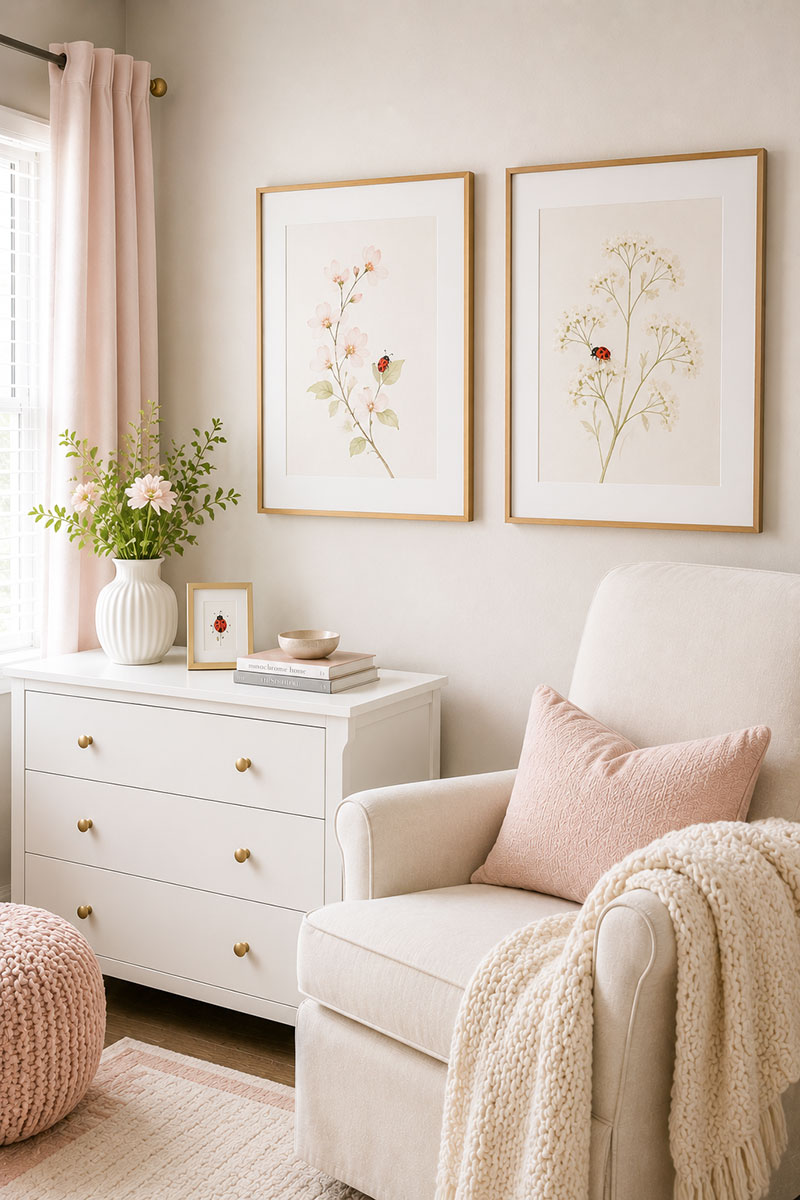 Elegant framed ladybug wall art with soft nursery colors and simple styling