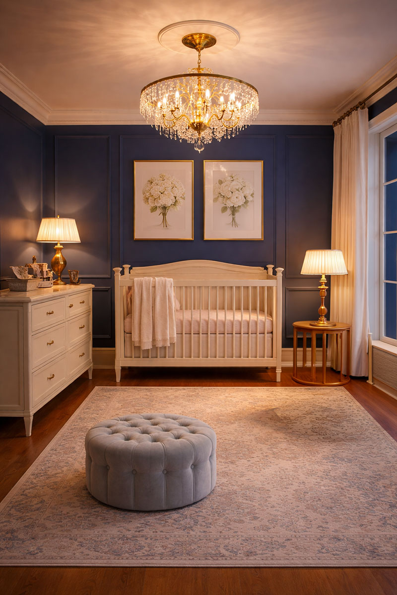 Elegant nursery chandelier ideas in a refined color drenched baby room layout