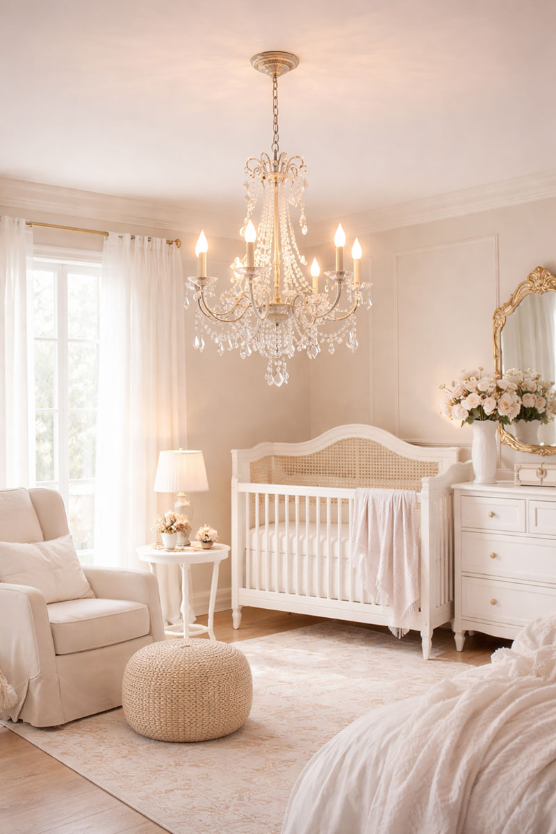 Elegant nursery chandelier with soft warm lighting creating a calm baby room atmosphere