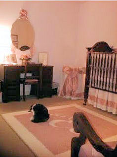 Pink antique white and brown baby girl nursery room with modern vintage and homemade features