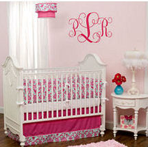 Pink and green damask baby nursery bedding and room decor
