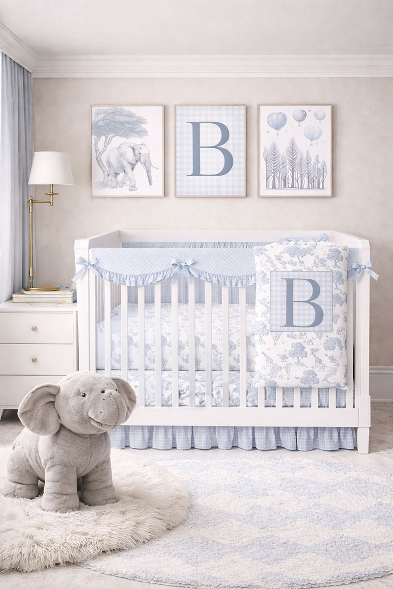 elephant baby bedding styled in a modern nursery with coordinated colors
