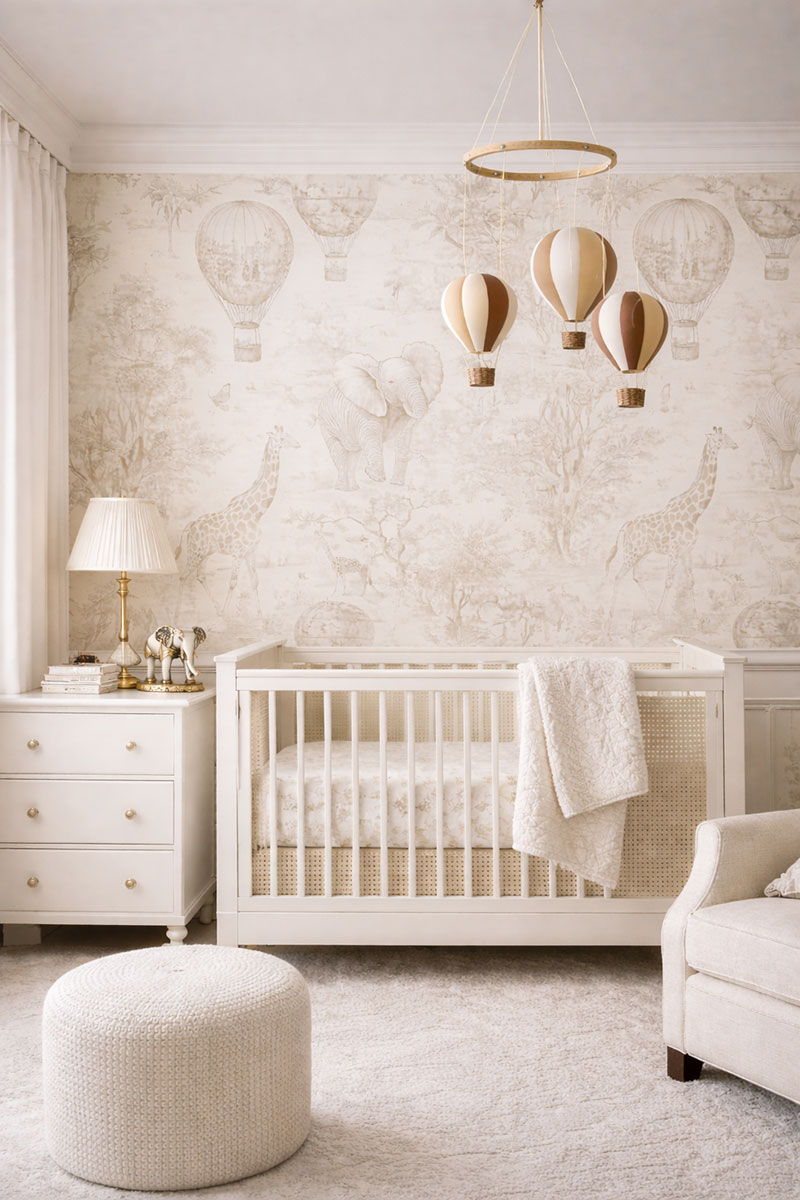 elephant nursery ideas with modern decor, crib bedding, and coordinated elephant wallpaper and hot air balloon mobile