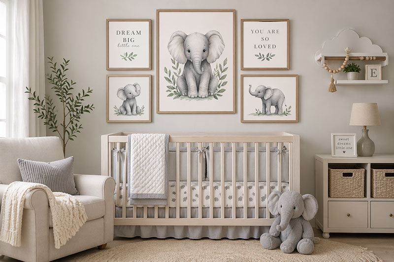 elephant nursery wall art placed above a crib in a coordinated baby room