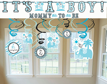 Example of elephant theme baby shower wall and ceiling decorations for a boy in blue