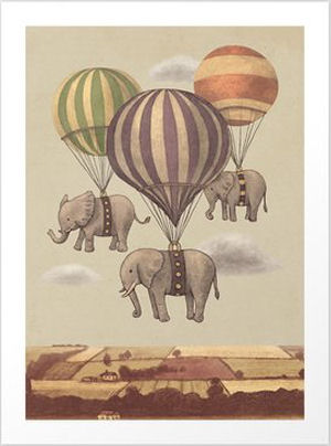 Vintage elephant and hot air balloon baby nursery wall art print