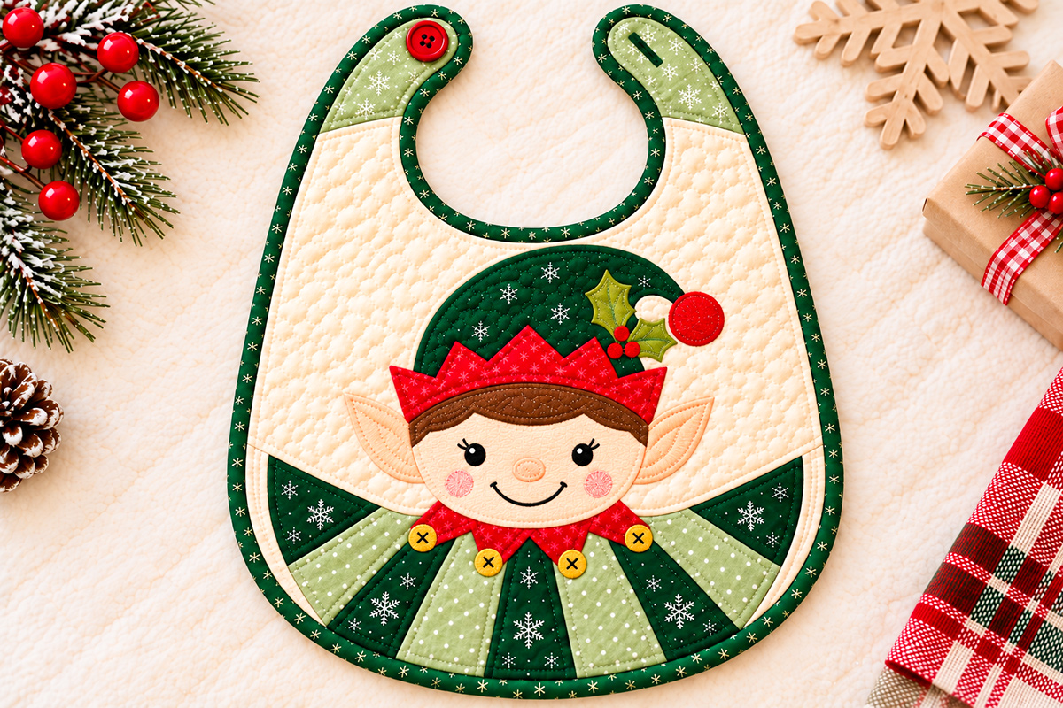 Christmas elf quilted baby bib with open U-shaped neckline, separate button straps, green holly-trimmed hat, smiling embroidered elf face, red pointed collar and green-and-sage lower pinwheel