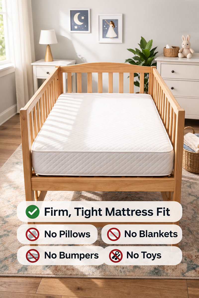 Empty crib showing a firm mattress and no loose bedding as part of safe sleep setup