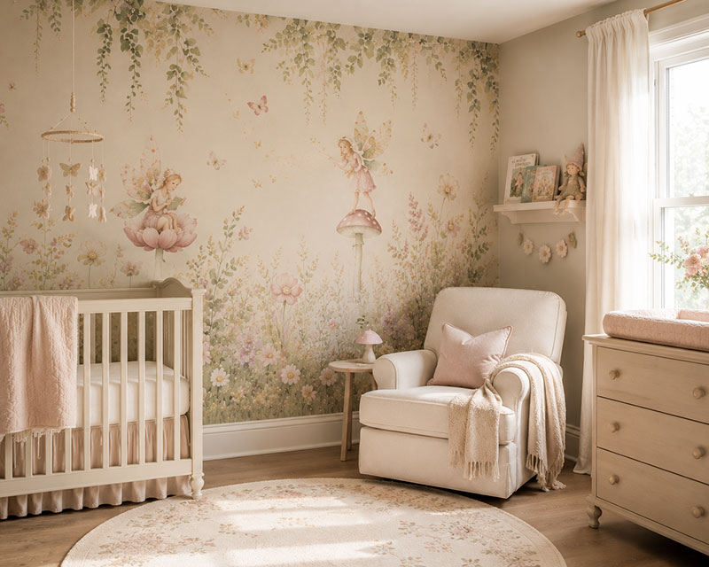 Enchanted forest nursery color palette with woodland styling and textured nursery decor