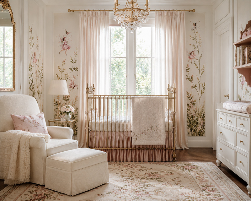 Enchanted forest nursery ideas with woodland wallpaper, fairy tale decor and magical baby room details