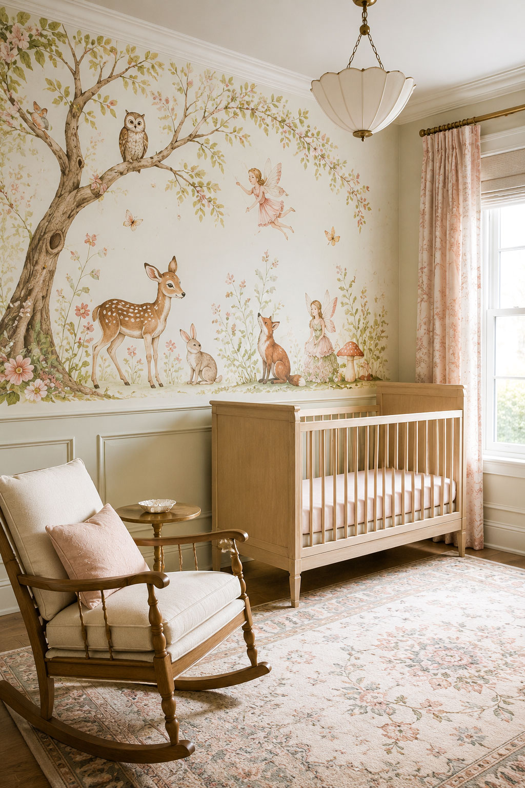 Hand-painted enchanted forest nursery mural with fairies, woodland animals, crib and rocking chair