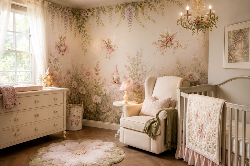 Enchanted forest nursery wallpaper with layered woodland scenery and magazine style nursery decor