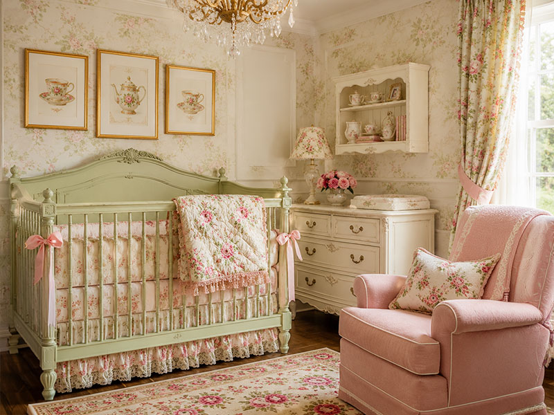 English garden tea party nursery with painted crib, floral bedding, vintage teacup wall art and an upholstered nursery chair